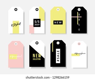 A set of eight modern and stylish price/sale/new collection tag templates in black, pastel pink,neon yellow and white. Bold geometric contemporary style label vector designs.