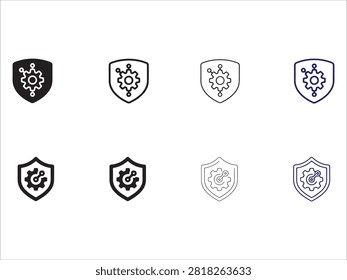 Set of eight modern technology shield icons with gear and network symbols