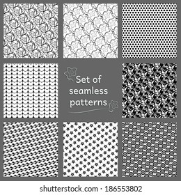 Set of eight monochrome seamless geometric patterns. Floral