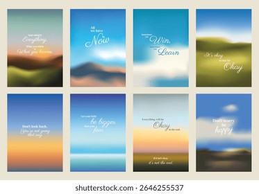 Set of eight motivational posters with inspirational quotes. Each poster features a landscape with uplifting messages. Motivational and inspirational themes. Motivational quote poster template vectors