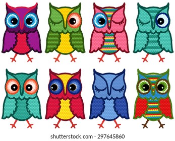 Set of eight motley amusing owls with circle elements isolated over white background, cartoon vector illustration