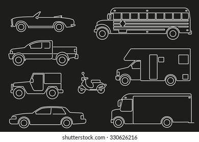 Set of eight motor vehicle illustrations, modern line icon style, white on black
