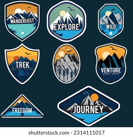 Set of eight mountain travel emblems. Camping outdoor adventure emblems, badges and logo patches. Mountain tourism, hiking. Forest camp labels in vintage style