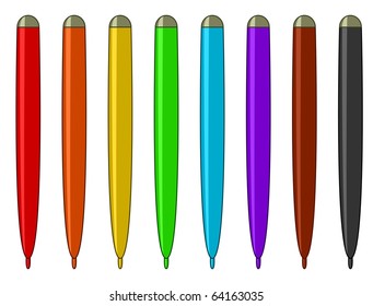Set of eight multi-coloured felt-tip pens: six colours of a rainbow, brown and black