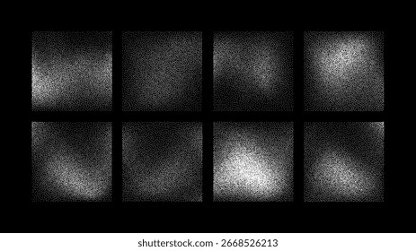 Set of eight noise grain vector textures creating a vintage halftone effect for graphic design background.