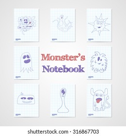 Set of eight notebook sheets with funny monsters. Vector illustration.