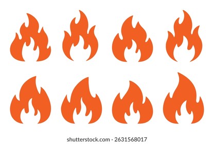 Set of eight orange fire flame icons, perfect for warning signs, hot temperature indicators, or design elements.