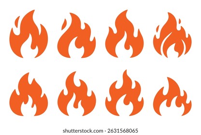 Set of eight orange fire flame icons, perfect for design elements related to heat, energy, or warning.