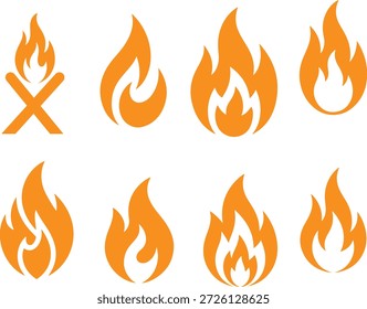 Ein Set von acht orangefarbenen Flammensymbolen, eines mit gekreuzten Stöcken, auf einfarbigem weißem Hintergrund, die Wärme- und Feuerkonzepte vermitteln