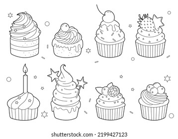 Set of eight outline cupcakes with cream and strawberry. Black and white illustration for kids coloring book, design elements