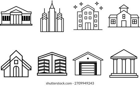 Conjunto de ocho iconos de contorno que representan varios tipos de edificios aislados sobre fondo blanco