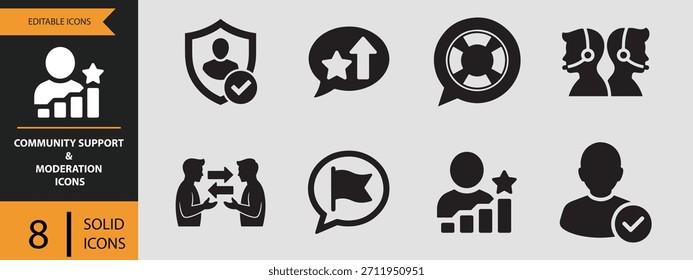 A set of eight outline icons representing community support and moderation functions, presented on a clean white background.