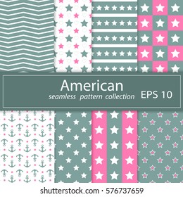 A set of eight paintings. Seamless fabric. A Maritime theme. Grey , pink. Ornament, background, texture, wrapping, Wallpaper , greeting, print. Vector shares.