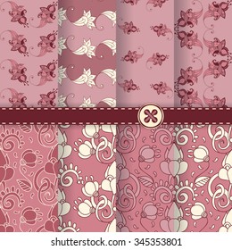 Set of eight pale pink seamless floral patterns, doodle ornaments, swatches for fabric design.