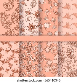 Set of eight pale pink seamless backgrounds, swatches for your design, feminine romantic patterns, ready to use.