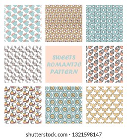 Set of eight patterns.Background of sweets. Macarons, bagels, sweets, citrus, coffee, cake.