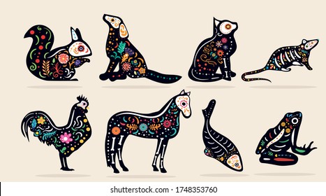 Set of eight pet Dia de Muertos, or Mexican Day of the Dead, designs with intricate colorful patterns for different animals, colored vector illustration