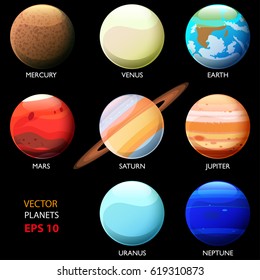 Set of eight planets of the solar system. Mercury; Venus; Earth; Mars; Jupiter; Saturn; Uranium and Neptune. Cartoon style.