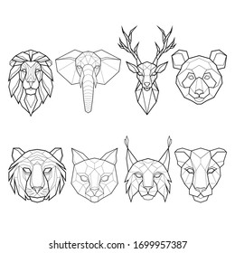 Set of eight polygonal abstract animals, lion, elephant, deer, panda, cat, tiger, panther and lynx. Vector illustration svg
