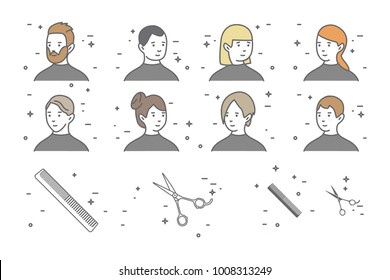 A set of eight portraits of men and women with different hairstyles in a beauty salon. Ole line Scissors and Comb icons.