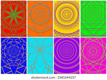 A set of eight posters with geometric mandala patterns in different colors