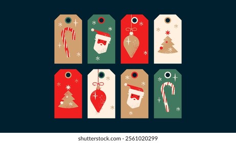 Set of eight printable Christmas tags: candy cane, Christmas tree toy, Santa Claus, Christmas tree