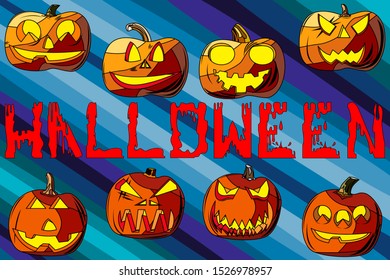 Set of eight pumpkins for Halloween. Wallpaper on the wall for the holiday. Unusual inscription Halloween. Pumpkins with different expressions of emotions. Vector image.