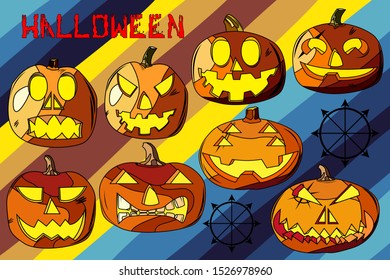 Set of eight pumpkins for Halloween. Wallpaper on the wall for the holiday. Unusual inscription Halloween. Pumpkins with different expressions of emotions. Vector image.