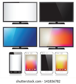 Set of eight realistic mobile phone and TV flat screen lcd isolated on white background