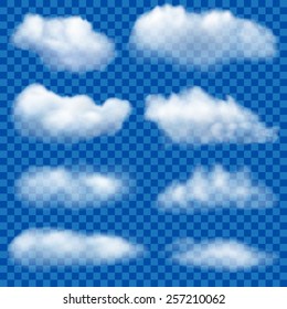 Set of eight realistic transparent white clouds