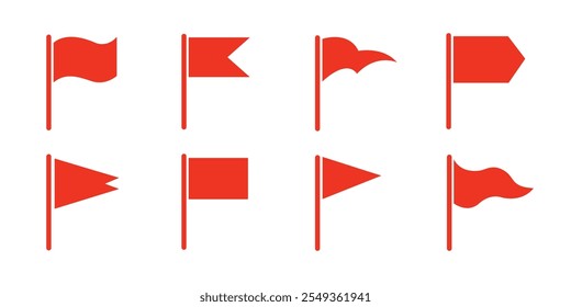 Conjunto de ocho iconos de bandera roja con varias Formas. Diseño de estilo plano aislado sobre fondo blanco.