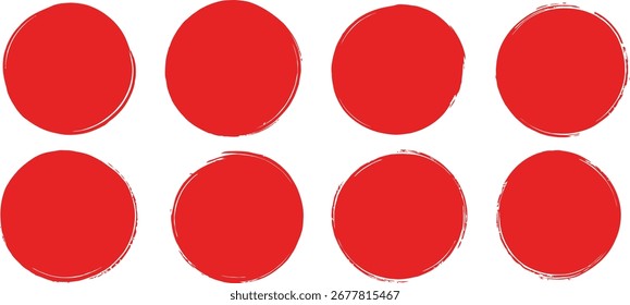 A set of eight red grunge circles with rough, hand-drawn brush stroke edges, arranged in two rows on a white background. This is a vector illustration.