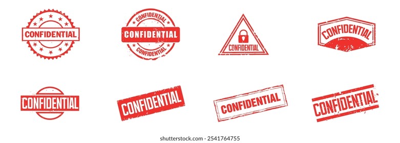 Set of eight red grunge confidential stamps in different shapes