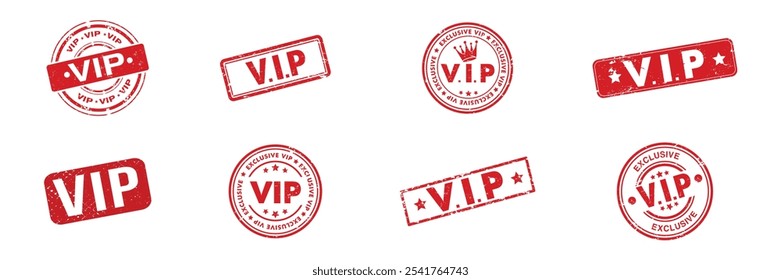 Set of eight red VIP grunge rubber stamps