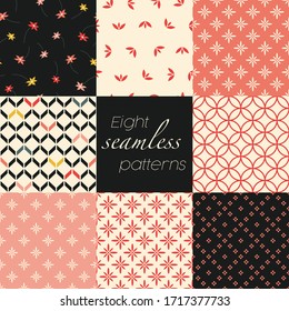 Set of eight retro seamless patterns. Digital scrapbooking elements for greeting cards, perfect for textile prints, wrapping paper printing, invites, wallpaper, packaging.