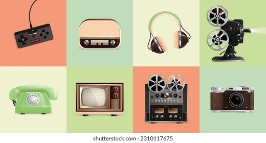 Set with eight retro vintage electronics gadgets square compositions with realistic icons of old fashioned gear vector illustration