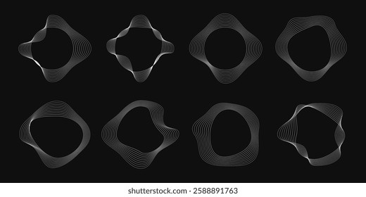 Set of eight round curved frames with dynamic wavy stripes. Collection of white wavy circles on a black background. Design element. Vector illustration