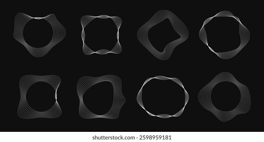Set of eight round curved frames with dynamic wavy stripes. Collection of white wavy circles on a black background. Design element. Vector illustration