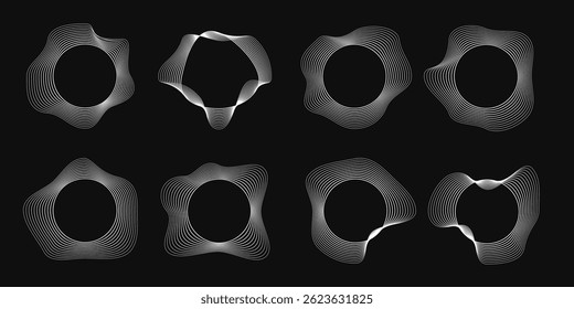 Set of eight round curved frames with dynamic wavy stripes. Collection of white wavy circles on a black background. Design element. Vector illustration
