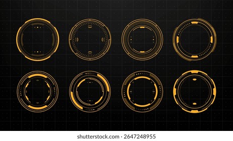 Set of eight round yellow hud elements on black. Future user interface design for digital technology display. Abstract vector concept.