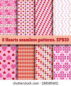 A set of eight samples fabric with heart pattern. Seamless texture. 