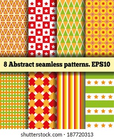 Set of eight samples of fabrics. Bright abstract geometric symmetric continuous pattern. Seamless texture. In the illustration used free font ChunkFive (taken here www.fontsquirrel.com)