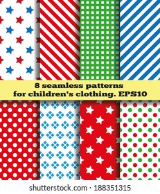 Set of eight samples of fabrics for children's clothing. Bright symmetric continuous pattern. Seamless texture. 
