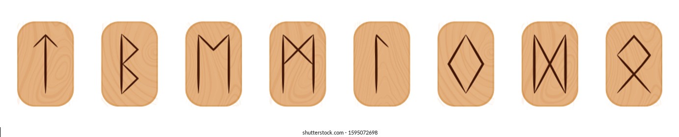 Set of eight Scandinavian runes painted on wooden planks. Stock vector elements isolated on transparent background.