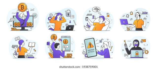 Conjunto de ocho escenas que representan a estudiantes en tiempo libre, amenaza de ataque hacker en dispositivos digitales y comercio de criptodivisa en línea, ilustración de vector de color