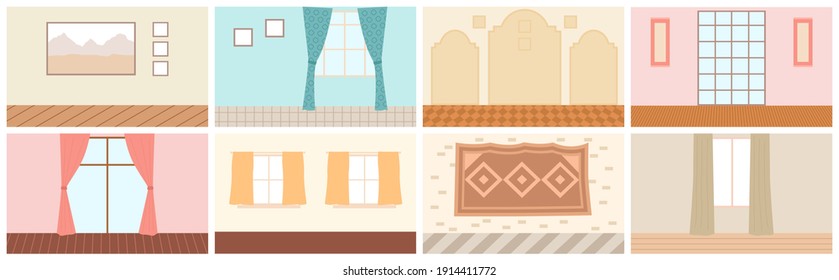 Set of eight scenes of home interior. Cozy place of the room near window with curtains, paintings and carpet hang on the wall. Living room with a place for family gatherings. Apartment room furniture
