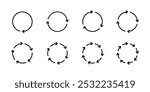 Set of eight schematic diagrams with black thin arrows located in circle with step of 1, 2, 3, 4, 5, 6, 7, 8. Vector illustration of cycles, processes, circulation, data processing.