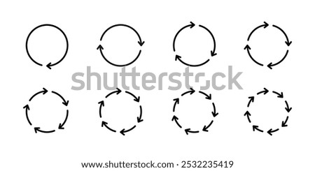 Set of eight schematic diagrams with black thin arrows located in circle with step of 1, 2, 3, 4, 5, 6, 7, 8. Vector illustration of cycles, processes, circulation, data processing.