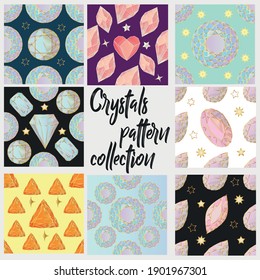 Set of eight seamless background of colorful gemstones and crystals.