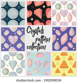 Set of eight seamless background of colorful gemstones and crystals.
